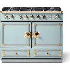 a blue and gold stove with two burners