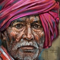 an oil painting of a man wearing a pink turban