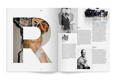 an open magazine with photos of people and letters on the pages, in black and white