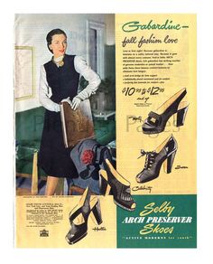 "This ad is from the September, 1946 Woman's Home Companion magazine. Page measures 10.5\" x 13.5\" and is in good condition with nice color.  There are staple marks on the left edge. Vintage image would look great framed or used for collage." 1940s Shoes, 1940's Fashion, Cowgirl Look, Shoes Ads, Vintage Shoe, Shoes Vintage, Images Vintage, Fall Is Here, Retro Shoes