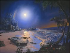 a painting of the ocean and beach at night