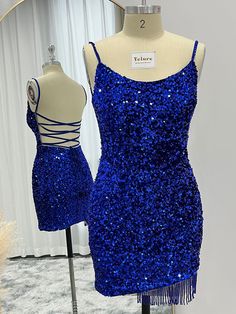 Express your ultimate charm with the royal blue homecoming dress. It is designed with a cowl neckline, lace-up back to finish a sexy and stylish look. All-over velvet sequin fabric plus the fringe on the left hem makes it extremely shiny for your party. 
- Shown Color: Royal Blue- Fabric: Velvet Sequins- Silhouette: Sheath- Neckline: Spaghetti Straps- Length: Short- Sleeve Style: Sleeveless- Waistline: Natural Waist- Back Style: Lace Up,Low Back,Criss-Cross- Bra: Built-In Royal Blue Dress Knee Length, Royal Blue Hoco Dress, Royal Blue Homecoming, Blue Hoco Dress, Royal Blue Homecoming Dress, Blue Homecoming Dress, Sparkle Shorts, Matric Dance, Blue Homecoming Dresses