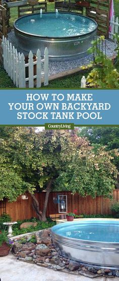 an above ground swimming pool surrounded by trees and rocks with the words how to make your own backyard stockyard pool