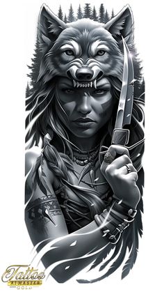 a drawing of a woman holding a knife in front of her face and wolf's head