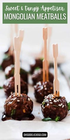 chocolate covered meatballs with toothpicks on top and text overlay that reads sweet & tangy appetizer, moroccan meatballs