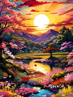 a painting of the sun setting over a river with trees and flowers in blooming