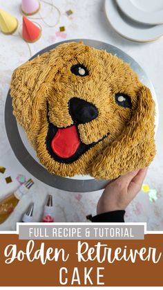 a golden retriever cake on a plate with the words, full recipe & tutor golden retriever cake