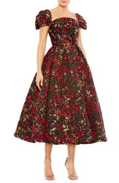 A boldly flared skirt lends eye-catching appeal to this floral-brocade midi dress framed by short puff sleeves. 45" length Back zip closure Square neck Short sleeves Lined 100% polyester Spot clean Imported Asian Owned/Founded Short Wedding Guest Dresses, Cocktail Midi Dress, Brocade Dress, Midi Cocktail Dress, Mac Duggal, Tea Length Dresses, One Piece Swimwear, Nordstrom Dresses, Guest Dresses