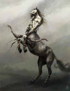 a painting of a man riding on the back of a white horse with long hair