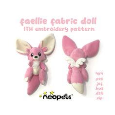 two pink stuffed animals sitting next to each other on top of a white background with the caption famille fabric doll tth embroidery pattern