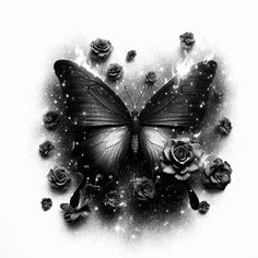 a black and white drawing of a butterfly with roses on it's wings, surrounded by stars