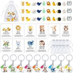 an assortment of key chains with animals on them