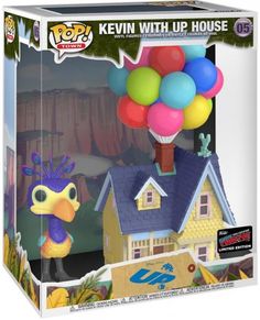 a box with an image of a bird flying over a house and some balloons in the air