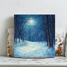 a painting of a snowy path in the woods