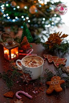 a cup of hot chocolate with marshmallows and ginger cookies on the table