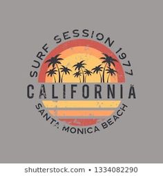 the logo for surf session in california, featuring palm trees and sunsets on a gray background