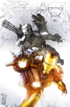 an image of a man riding on the back of a iron man in front of some drawings