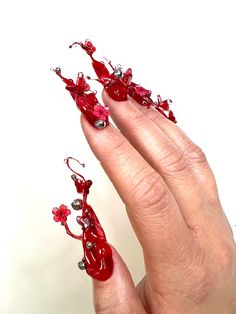 Press on nail set inspired by Kali Uchis Red Moon in Venus album art Red Moon In Venus Nails, Red Moon In Venus Kali Uchis Nails, Kali Uchis Nail Ideas, Kali Uchis Nails, Kali Uchis Red Moon, Nails Editorial, Long Nail Art, Crazy Nail Art, Acrylic Nail Shapes