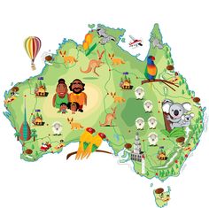 an australia map with animals and birds