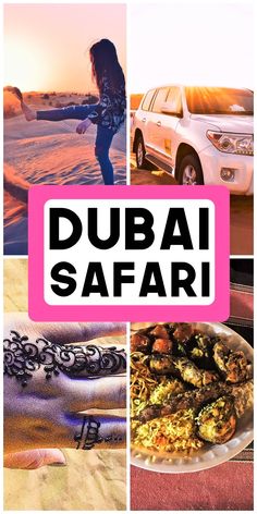 a collage of photos with the words dubai safari in black and pink