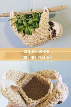 a crocheted planter hanging from a wooden branch with text overlay that says, sloth planter crochet pattern