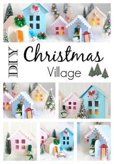 a collage of christmas village houses with trees and presents on the top, below them