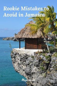 a small hut sitting on top of a cliff next to the ocean with palm trees