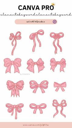 pink bows with the words canva pro on them in white and light pink font