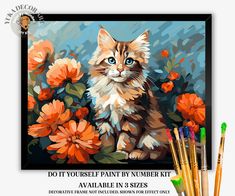 the paint by numbers kit includes an image of a kitten with blue eyes and orange flowers