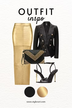 Turn heads with this stunning outfit featuring a maxi gold leather skirt paired with a black leather blazer jacket. Complete the look with sandal heels and a chic black and gold envelope clutch for a truly luxurious ensemble. Perfect for a night out or a special occasion! #GoldSkirt #LeatherOutfit #LuxeFashion #NightOutLook #DressToImpress #ChicStyle #GlamorousFashion Gold And Black Party Outfit, Black Gold Party Outfit, Black And Gold Dinner Outfit, Black And Gold Outfits Women, Gold Skirt Outfit, Maxi Leather Skirt, Black And Gold Outfit