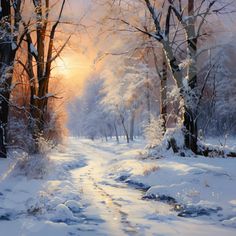 a painting of snow covered trees and a path leading to the sun in the distance