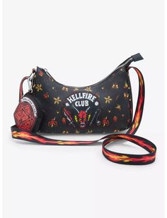 Loungefly Stranger Things Hellfire Club Icons Allover Print Crossbody Bag Show up to your next Dungeons and Dragons session in style with this Stranger Things-inspired bag! Featuring an all-over print of the Hellfire Club logo, Demogorgons, and weapons, the front of this bag includes an applique Hellfire Club logo with debossed details. With a removable D20 coin purse and a flame-detailed crossbody strap, this handbag is perfect for taking on monsters from the Upside Down. Polyurethane; polyester lining Approx. 10" W x 5" H x 3 1/4" D JZ-U7 Have a wonderful day and Make sure to check out the other items in my store! I appreciate your support for my small home business! Stranger Things Hellfire Club, The Hellfire Club, Stranger Things Hellfire, Hellfire Club, Goth Shoes, Club Logo, Stranger Things Netflix, The Upside, Coin Bag