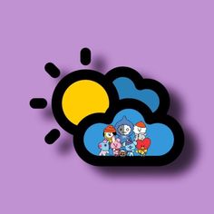 an image of cartoon characters on a cloud with the sun in the sky behind them