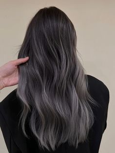 Ash Grey Balayage Highlights, Grey Korean Hair, Black Grey Balayage Hair, Ash Colored Hair Grey, Balayage Ash Grey Brown, Black Ash Hair Color, Brown Hair Grey Balayage, Ash Grey Black Hair