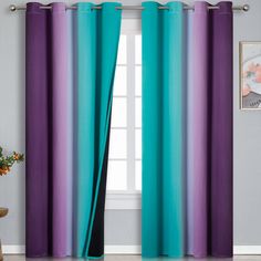 PRICES MAY VARY. PACKAGE INCLUDES: 2 panels per package. Each package includes two ombre blackout curtain panels of 52"W x 96"L,one set measures: 104"W x 96"L. Each curtain panel has 8 rustproof silver metal grommets on top. Each grommet inner diameter is 1.6 inch, fits most standard rods in the market. Easy to hang, and slide smoothly. These gradient blackout living room curtains are soft and smooth. OMBRE AND LINE DESIGN: The decorative blackout bedroom curtains are made of 100% high quality p Teal And Purple Bedroom, Purple Teal Bedroom, Curtains For Kids Room, Curtains For Kids, Teal Curtains, Ombre Curtains, Gray Room, Bedroom Turquoise, Purple Curtains