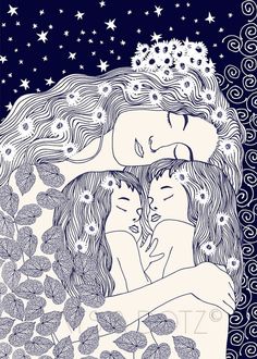 two women hugging each other with stars in the background