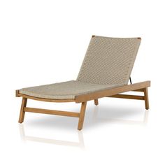 a wooden lounge chair with woven seat padding and backrests, viewed from the side