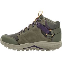 a pair of gray and purple hiking shoes