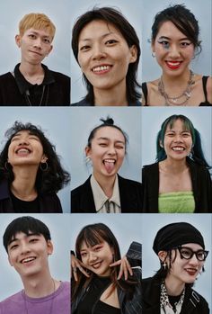 multiple pictures of people with different facial expressions and hair styles, all smiling at the same time