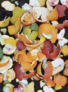 an assortment of rotten fruits and vegetables that have been peeled