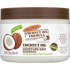 Palmer's Coconut Oil Formula Moisture Gro Hairdress gives curly, coarse, dry and damaged hair a deep drink of moisture. Let it sink in for a deep conditioning treatment or use as a daily conditioner. Formulated with enriching vitamin E, raw coconut oil and monoi oil to help prevent breakage and strengthen fragile hair, this luscious treatment wraps a protective moisture barrier around new growth and leaves hair feeling soft and bouncy. Palmer's Coconut Oil Moisture Gro Hairdress creates a protec Coconut Oil Face Mask, Tropical Fragrance, Diy Coconut Oil, Coconut Oil Skin Care, Coconut Oil For Face, Pure Coconut Oil, Raw Coconut, Coconut Oil For Skin, Olive Fruit