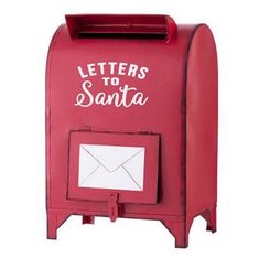 a red mailbox with the words letters to santa written on it and an envelope