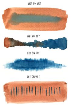 three different colors of watercolors with the words wet on wet, wet and dry