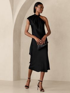 Kaia Silk Midi Dress | Banana Republic Capsule Wardrobe Planning, Plum Dress, Hijab Wedding Dress, Dresses By Color, Elegant Black Dress, Hijab Wedding, Pink Wedding Dress, Black Silk Dress, Dress Photo