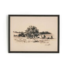 a black and white drawing of a tree in the middle of a field with grass