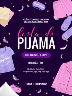 an advertisement for the event with pajamas and shoes on it, in purple tones against a dark background