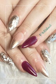 Burgundy and Gold Glitter Nails Gold And Burgundy Nail Designs, Nail Burgundy And Gold, Burgundy Gold Nail Ideas, Burgundy Nails Gold Accent, Gold And Burgundy Wedding, Fall Fashion Staples