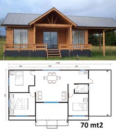 the floor plan for a small log cabin with loft and living area, is shown