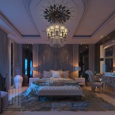 a luxurious bedroom with chandelier and furniture