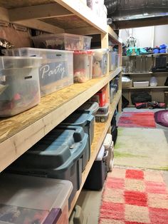 the shelves are filled with plastic containers and bins for storing items on top of them